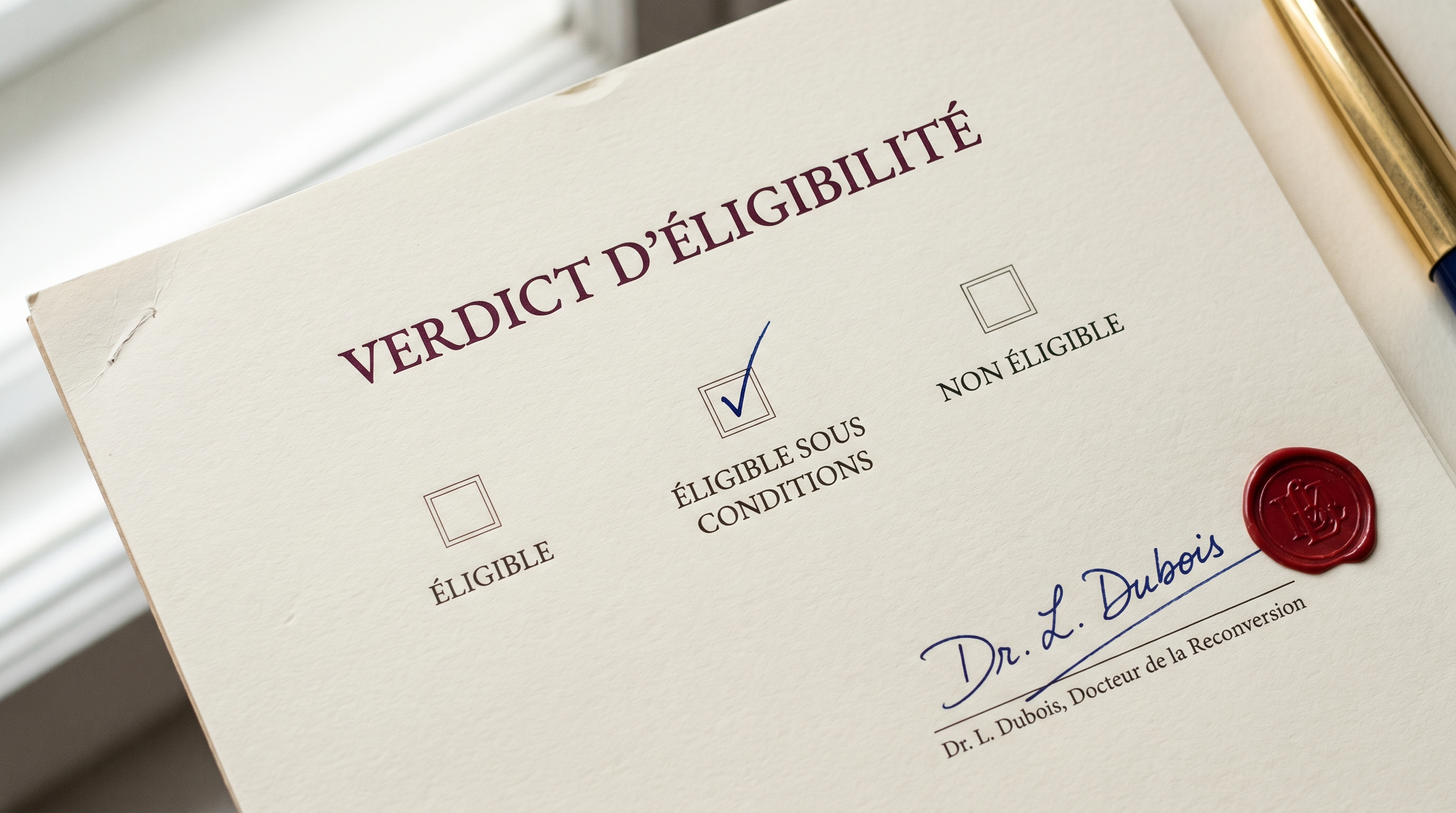 Verdict d'Éligibilité signé par un Docteur de la Reconversion du Cabinet Custom Life Changer